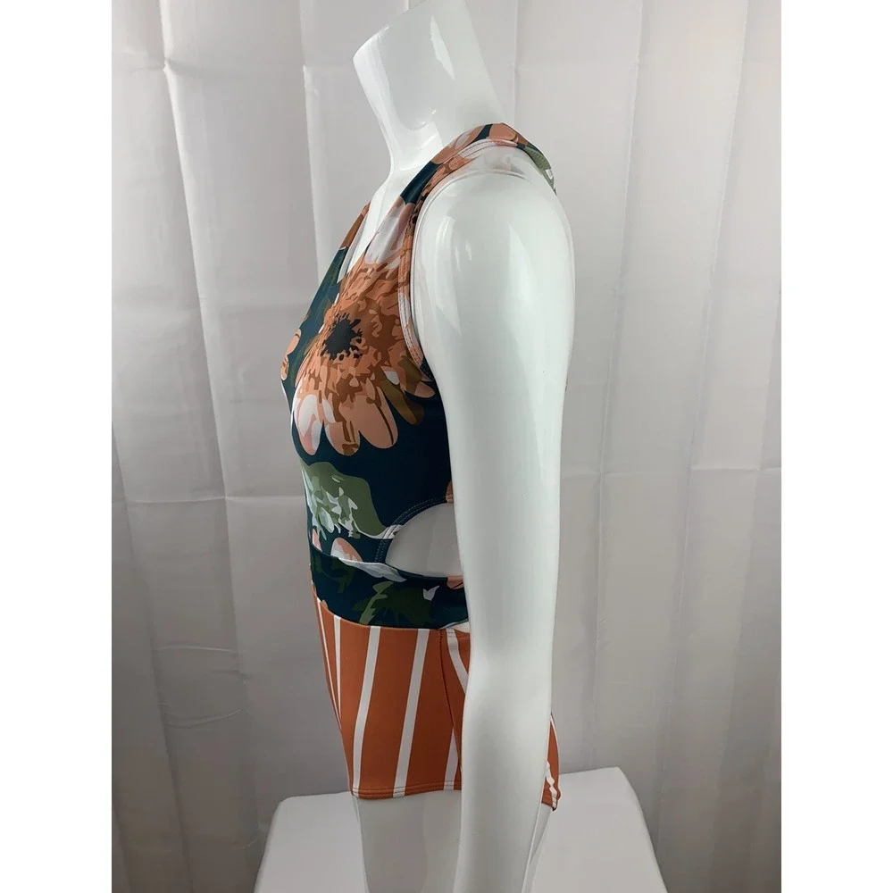 Almarea Women's Top Size Small Floral High Neck Zip Tie Back Orange - Picture 7 of 12